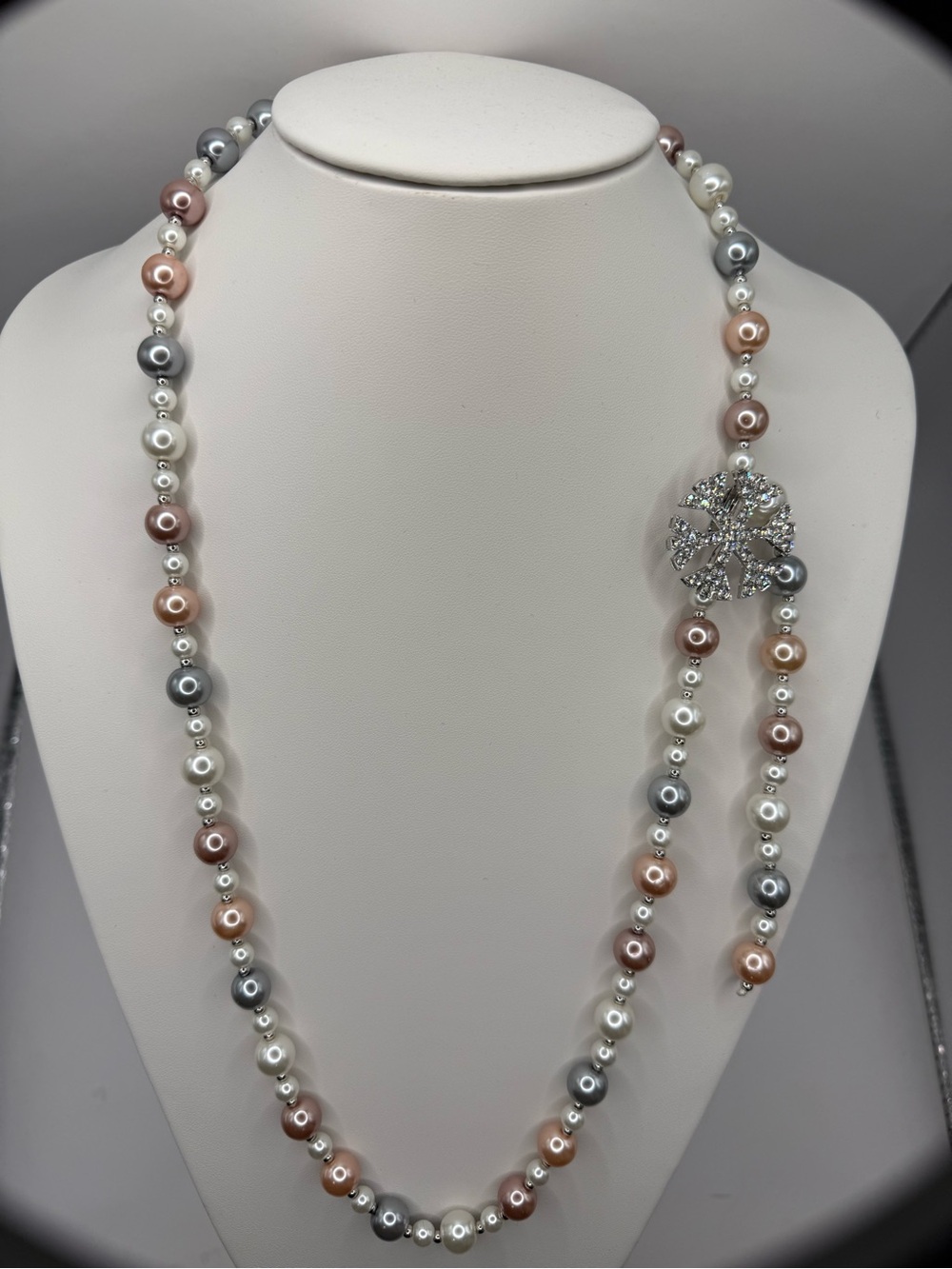 Multi-Color Cultured Pearl Necklace with Crystal Flower Clasp